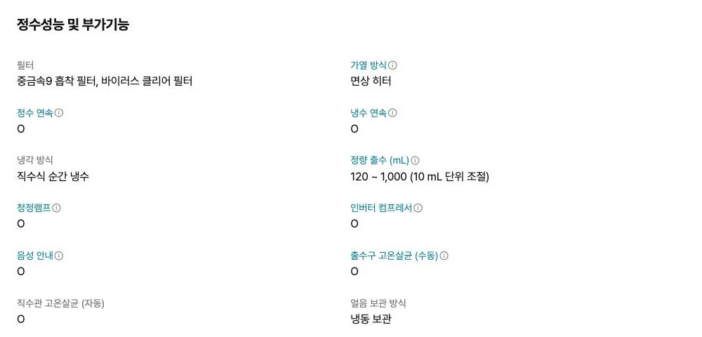 LG전자 공식 홈페이지의 정수 성능 사양 표